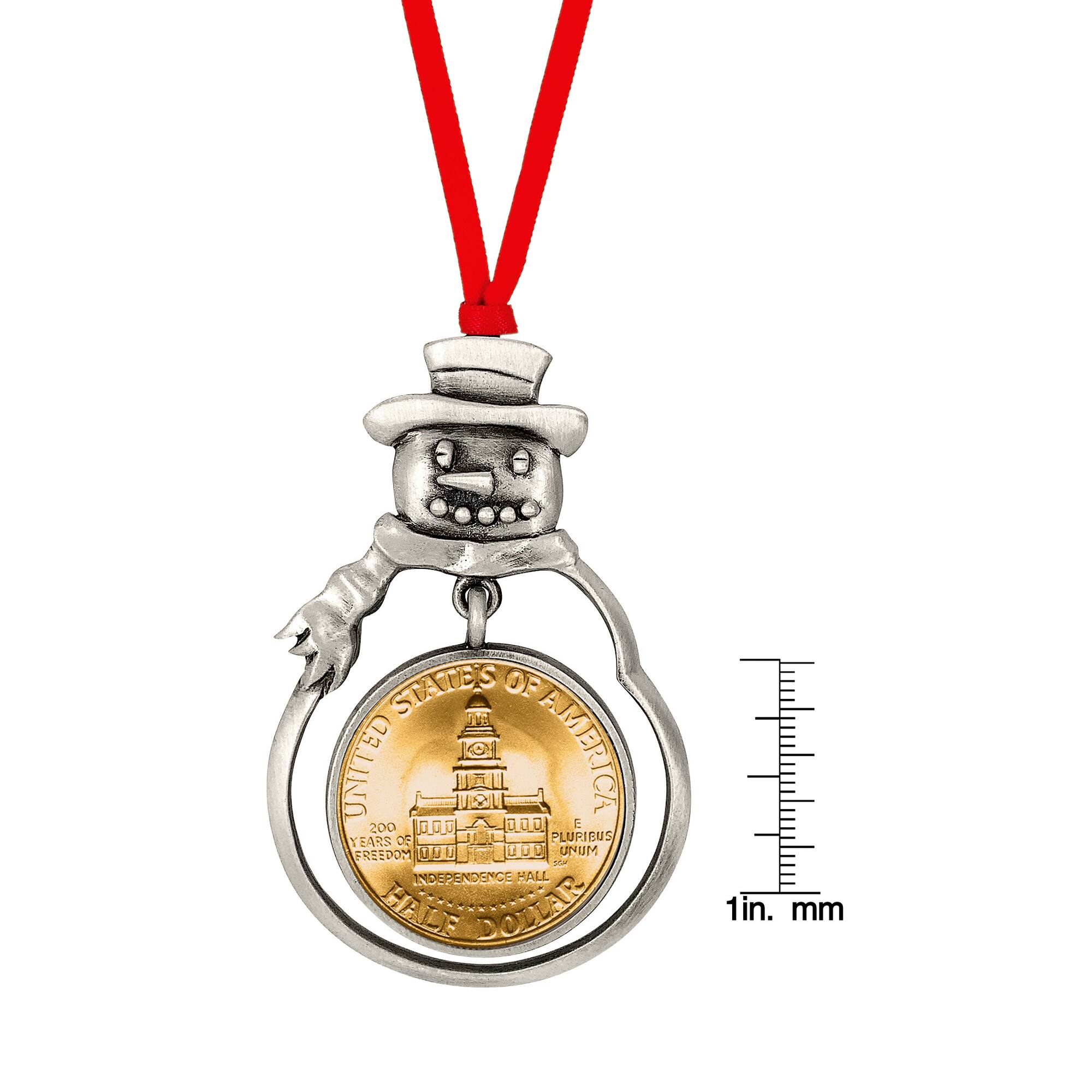 Gold Plated Bicentennial JFK Half Dollar Snowman Ornament